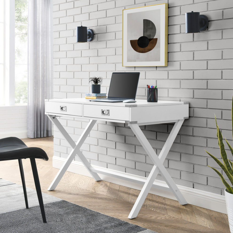 TATEUS Computer Desk with Storage, Solid Wood Desk with Drawers, White