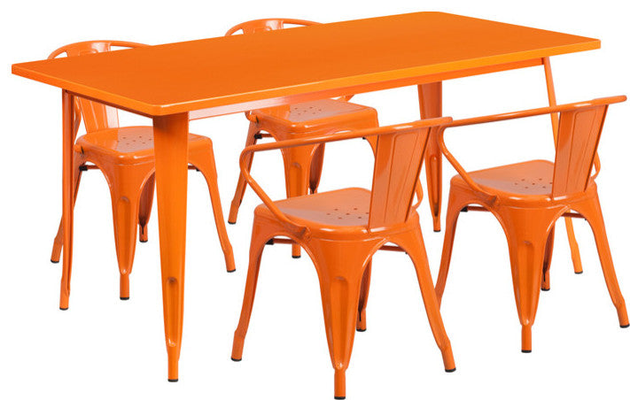 31.5''x63'' Rectangular Metal Indoor Table Set with 4 Arm Chairs, Orange