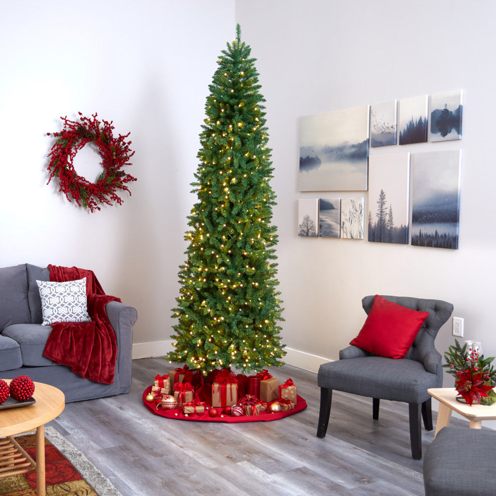 9ï¿½ Slim Green Mountain Pine Artificial Christmas Tree / 600 Clear LED Lights