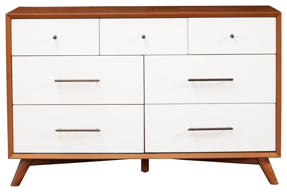 Flynn Mid Century Modern 7 Drawer Dresser, Acorn/White