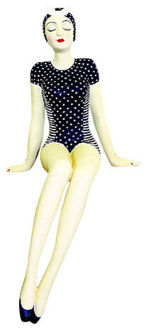 Retro Bathing Beauty Shelf Sitter Statue, Swimsuit Figure Navy Blue White Dot