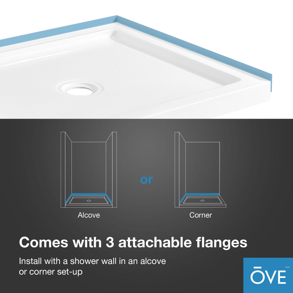 Ove Decors Erika Shower Base Rectangle, White, 38"x32", Center Drain