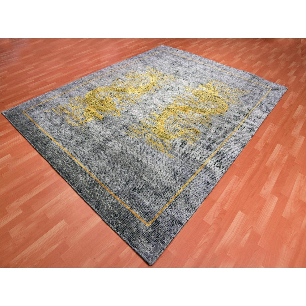 Gray Golden Dragons Chinese Inspired Wool  and Silk Hand Knotted Rug 8'x10'3"