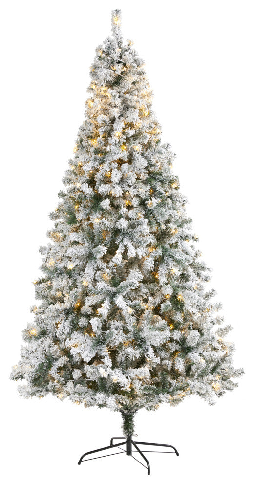 8' Flocked Rock Springs Spruce Faux Xmas Tree W/Lights & Bendable Branches