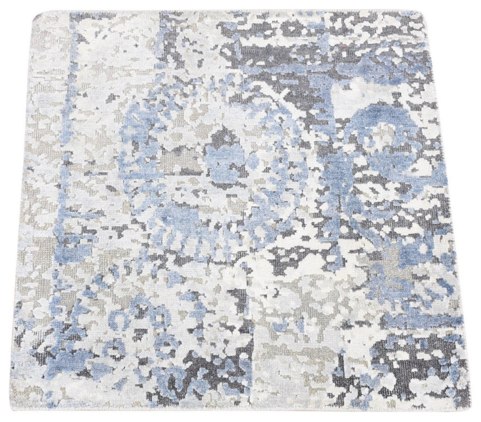 Beige Silk With Textured Wool Broken Circle Design Fragment Mat Rug, 2'x2'1"