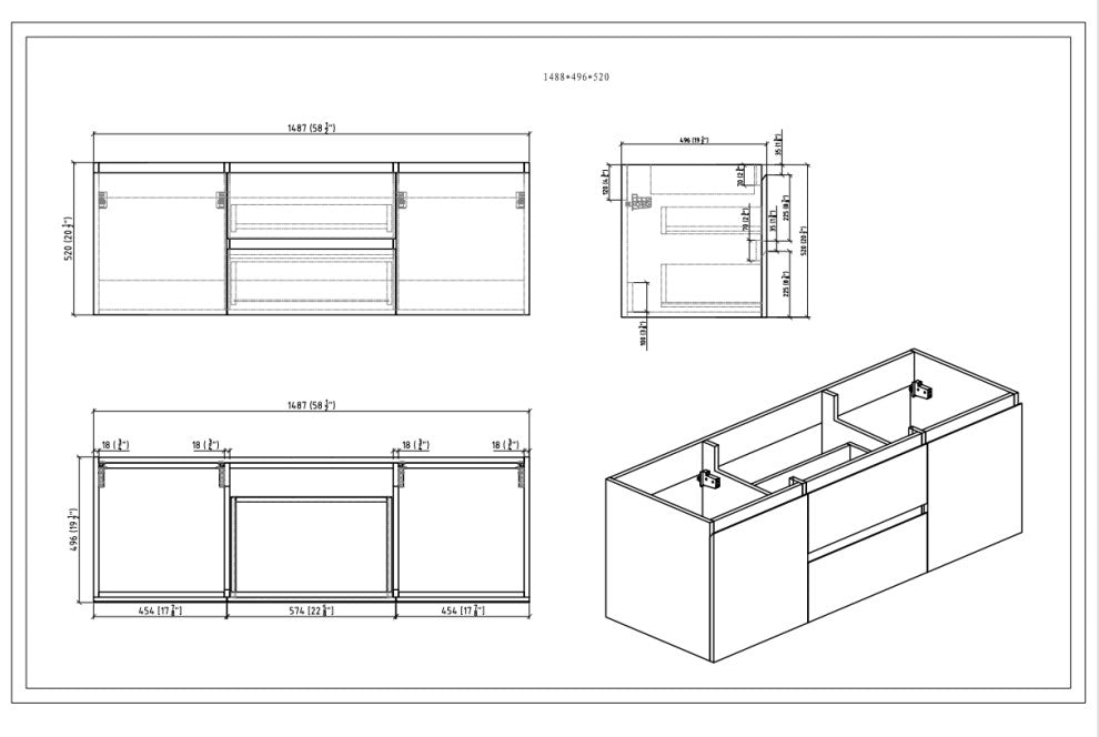 BTO 60" Wall Mounted Bath Vanity With Reinforced Acrylic Sink, Double Sink, White Oak