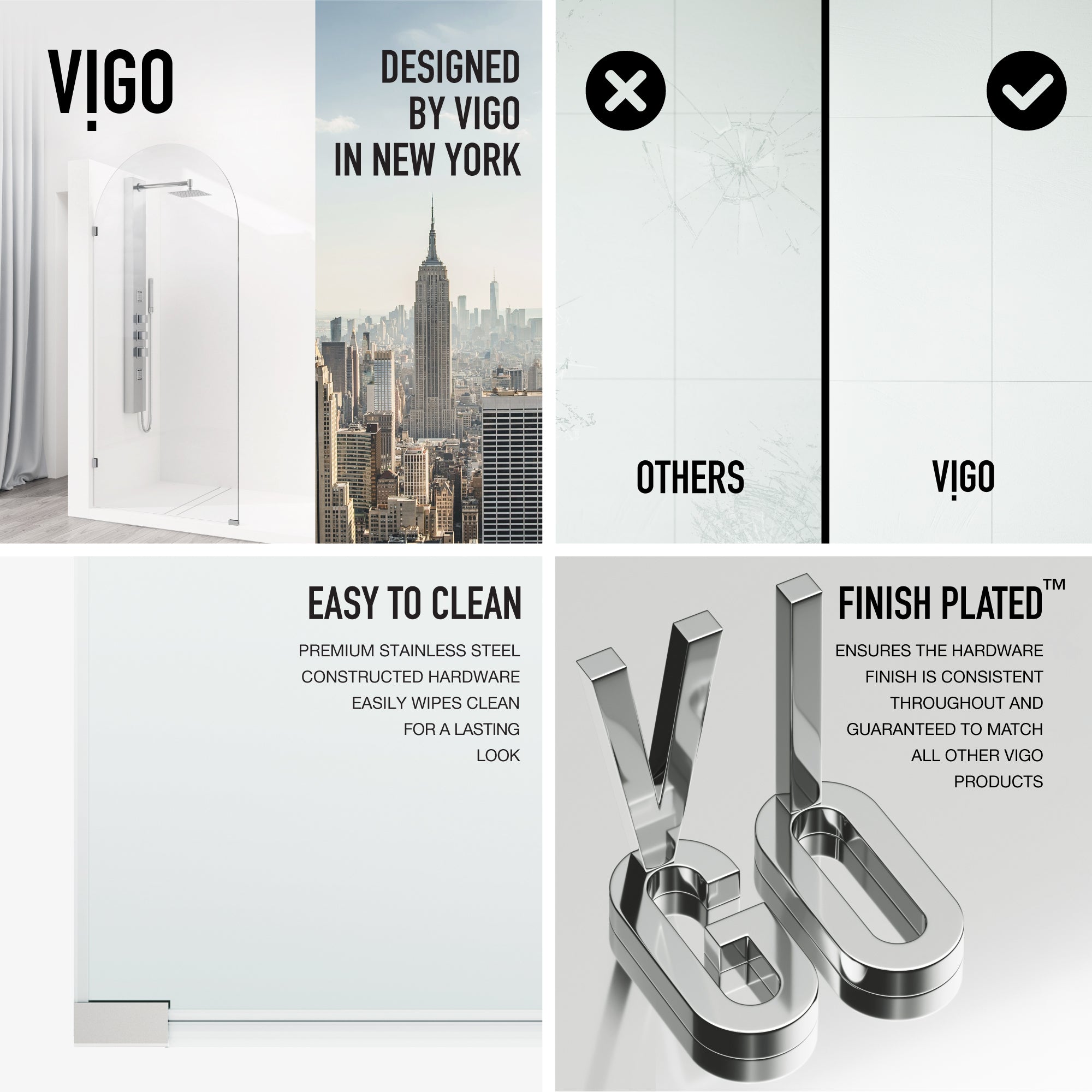 VIGO Arden 34" W x 78" H Frameless Fixed Shower Screen, Chrome, Clear Glass