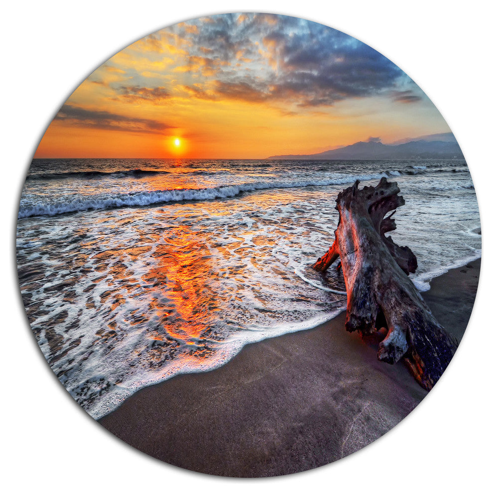 Fantastic Sandy Shore At Sunset, Seashore Art Disc Metal Artwork, 11"