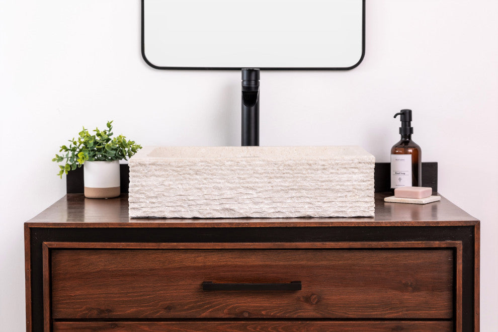 Natural Stone Vessel Bathroom Sink, Rustic Rectangular Stone Sink, Ojinaga
