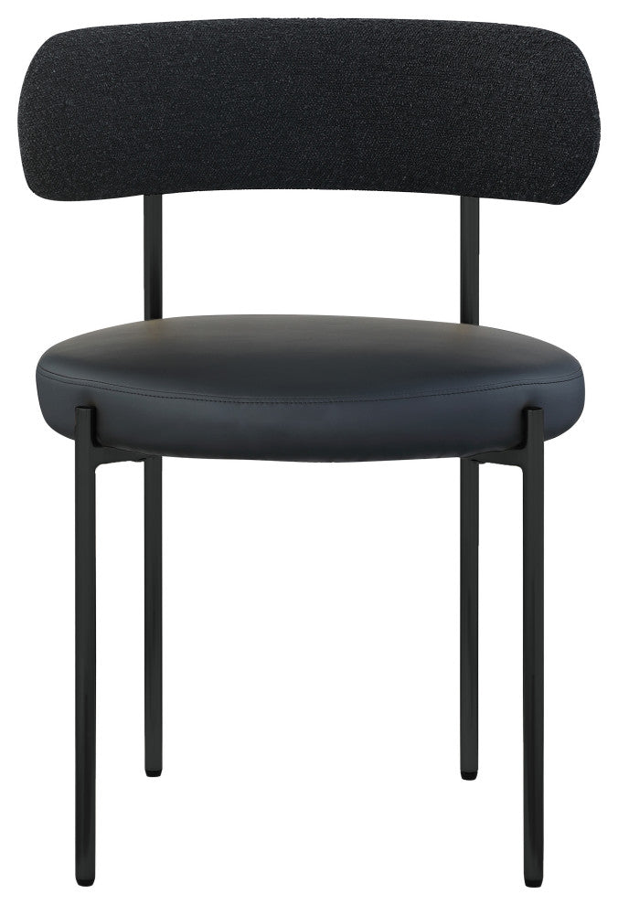 Beacon Dining Chair, Set of 2, Black, Vegan Leather and Boucle Fabric, Matte Black Finish