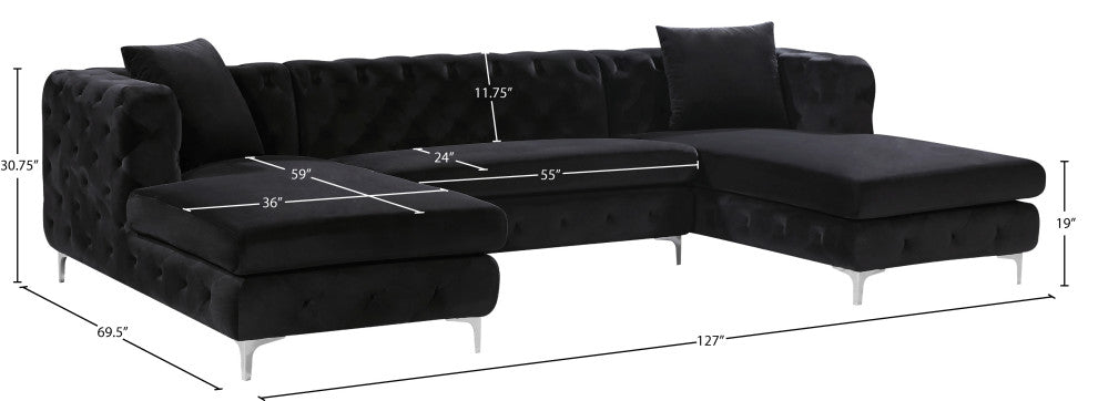 Gail Velvet 3-Piece Sectional, Black