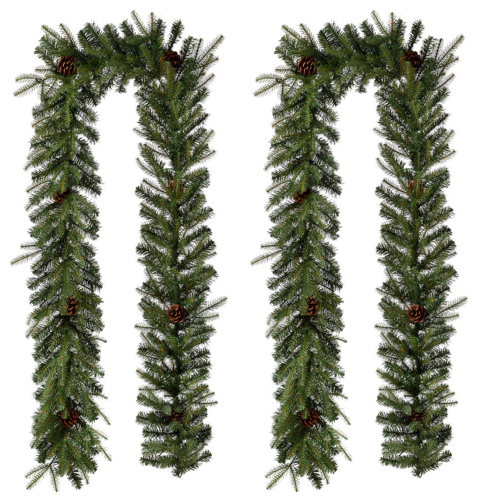 2pk 9ft Pre-Lit Greenery Pine Cone Christmas Garland, With Warm White LED Lights