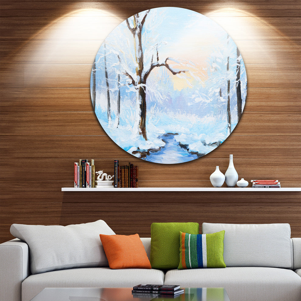 White Frozen River In Forest, Landscape Disc Metal Wall Art, 23"