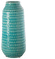 Round Ceramic Vase with Layered Tribal Pattern Gloss Teal Blue Finish, Medium