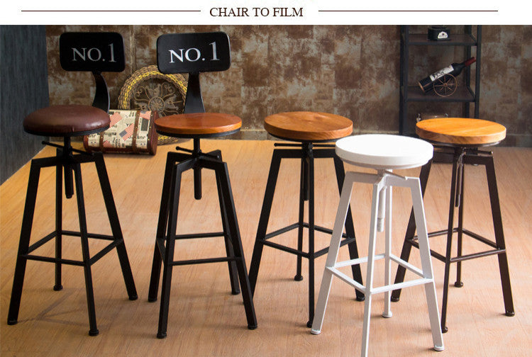 Industrial-Styled Iron Rotating and Lifting Bar Stool Made of Solid Wood, Copper