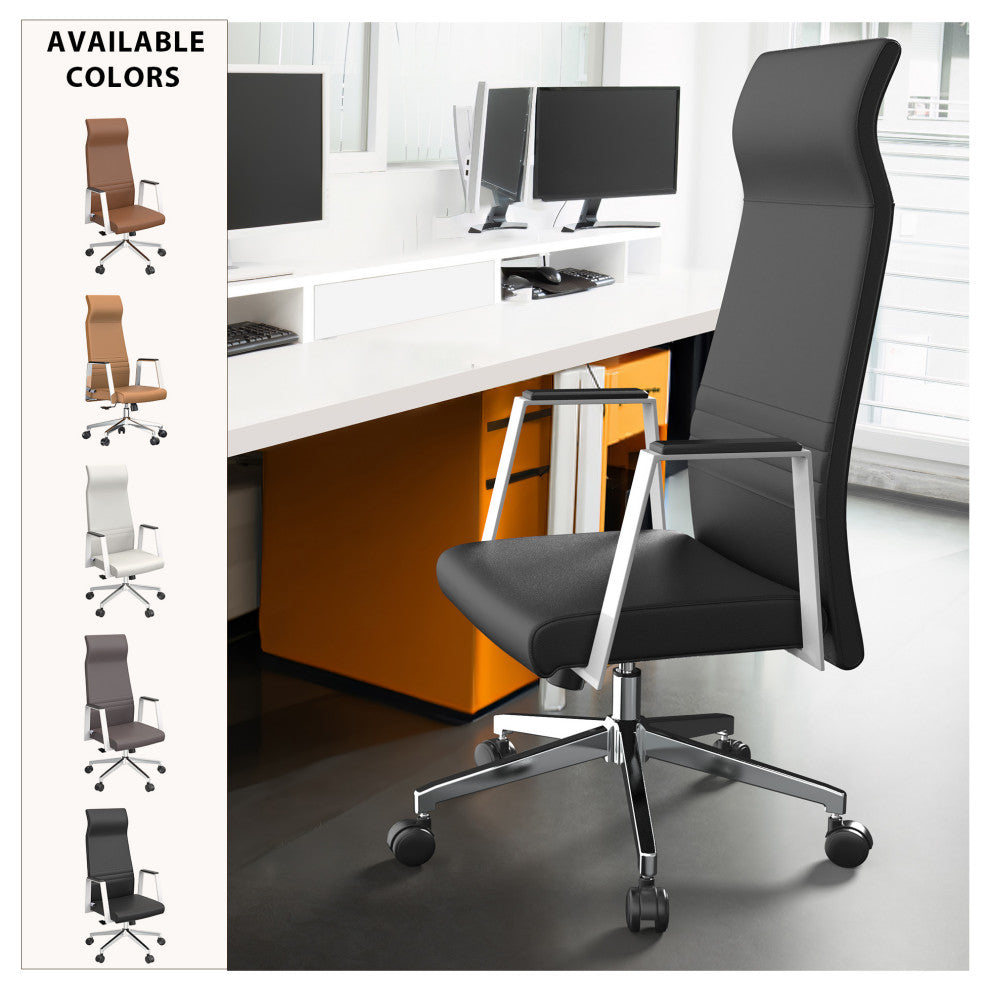 LeisureMod Aleen High-Back Leather Office Chair With Swivel and Tilt, Black