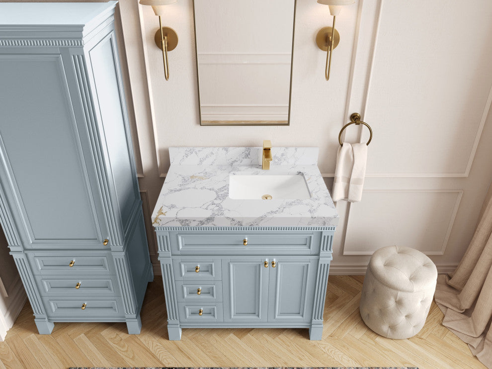 Paris 36" Right Offset Bathroom Vanity, Blue Heather 2" Calacatta Poannazo