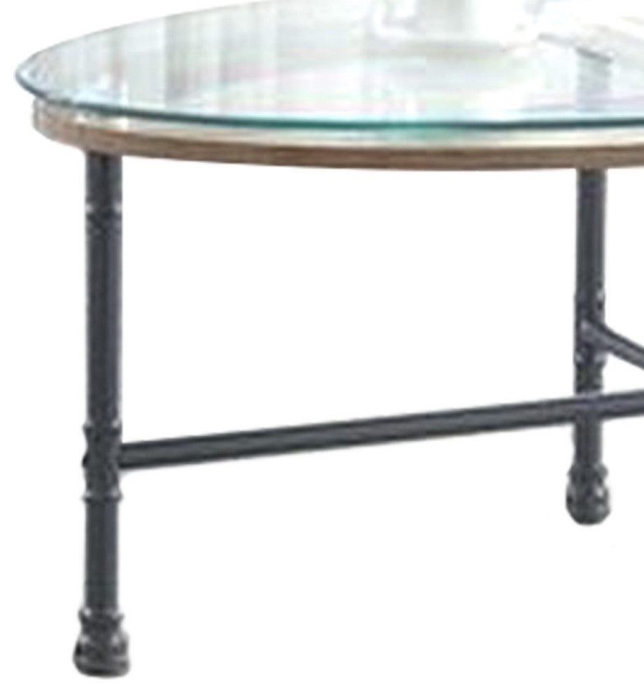 Benzara BM251159 Sofa Table With Oval Glass Top and Metal Pipe Style Legs, Gray