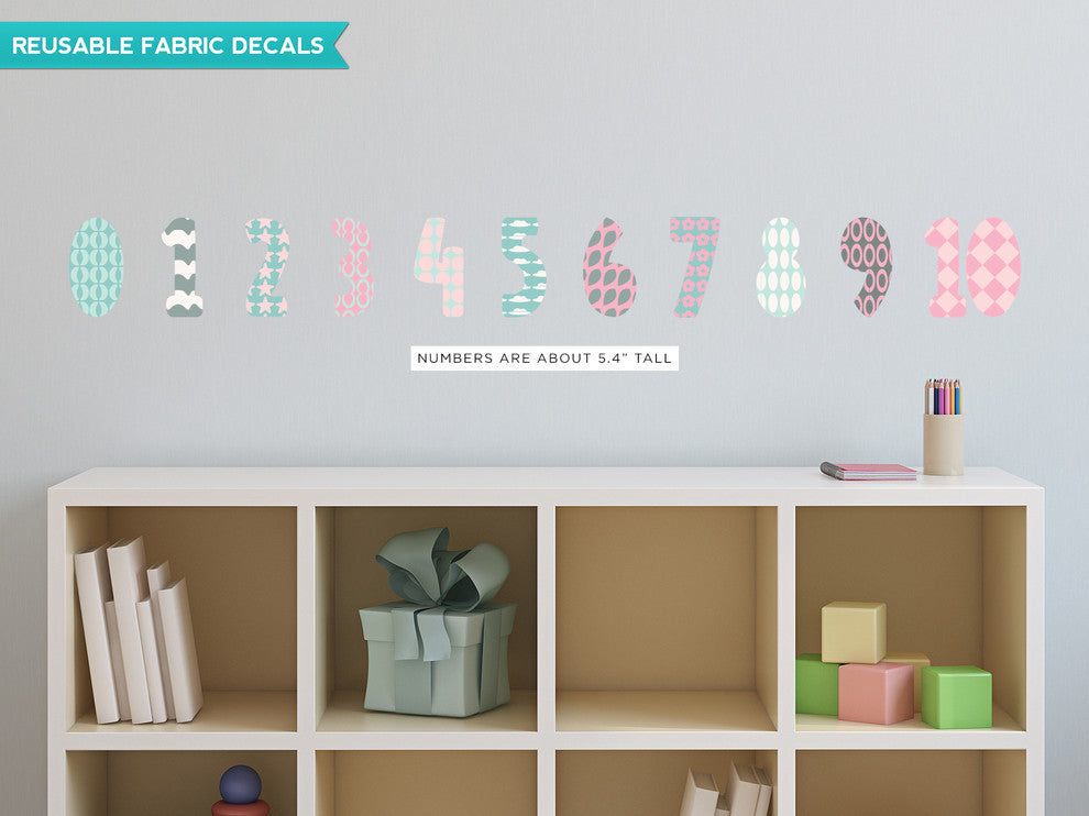 Modern Numbers Fabric Wall Decals, Pink, Grey, Light Blue