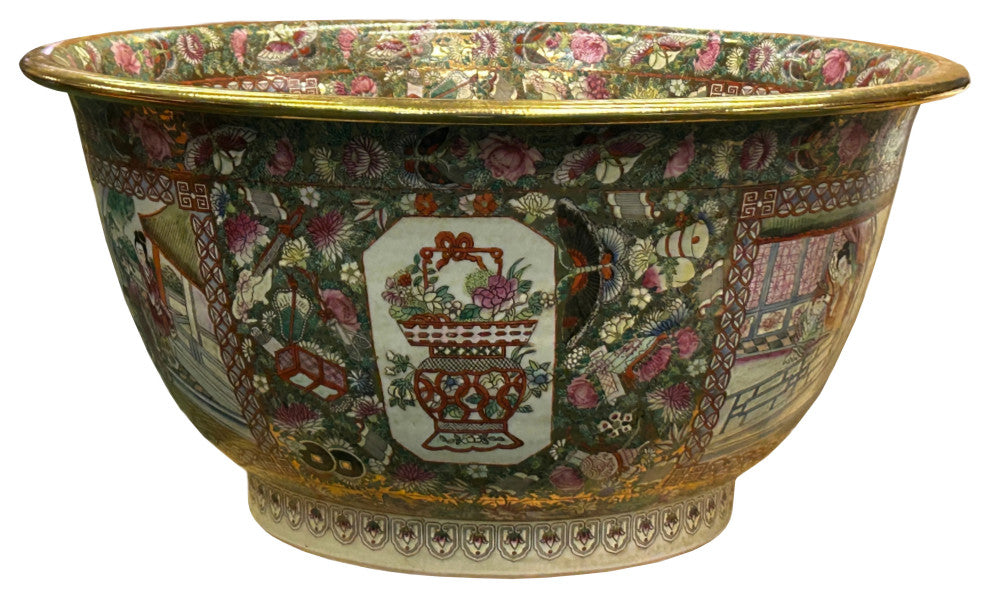 Vintage Chinese Famille Rose People House Graphic Porcelain Bowl Pot Hws4342