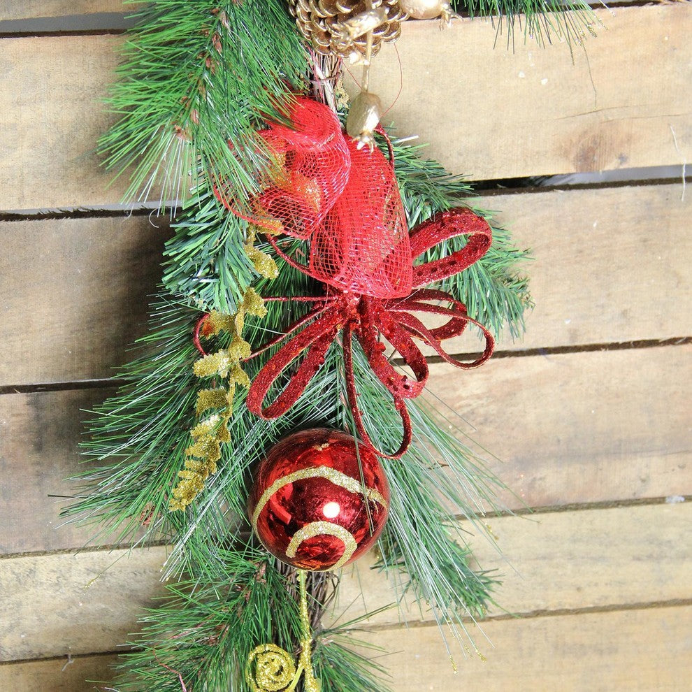 Grapevine and Pine, Red Ball Ornaments Artificial Christmas Garland, Unlit