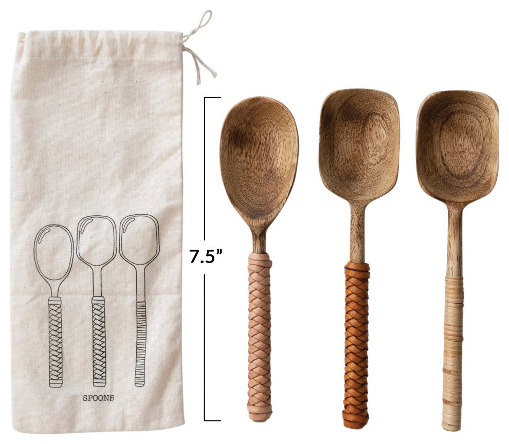Mango Wood Spoons With Bamboo and Leather Wrapped Handles, 3-Piece Set