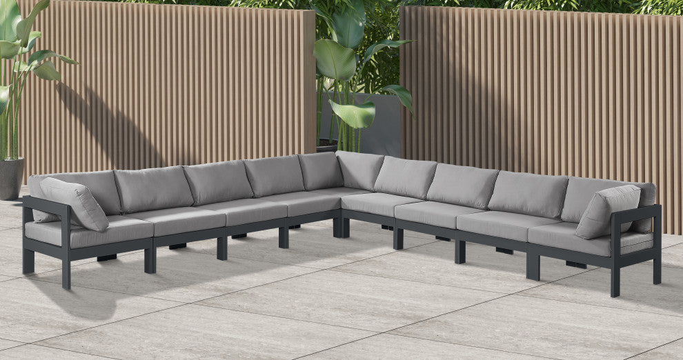 Nizuc Water Resistant Patio L-Shaped Modular Sectional, Gray, 9-Piece: 6 Armless Chair, 3 Corner Chair, Dark Gray Aluminum Frame