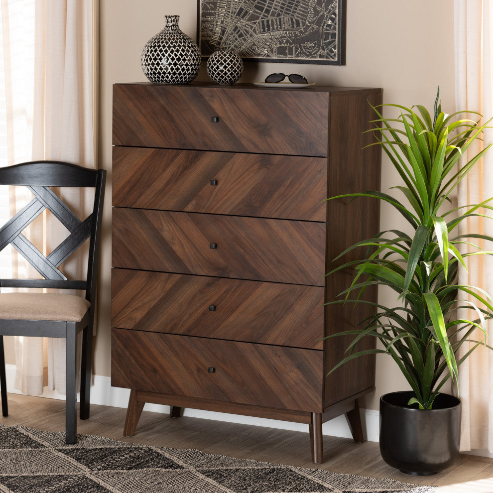 Hugo Mid-Century 5-Drawer Chest, Walnut Brown