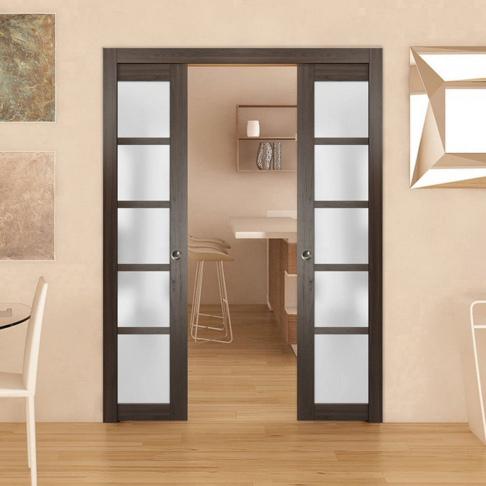 Slab Barn Door Frosted Glass 32 x 80, Quadro 4002 Chocolate Ash