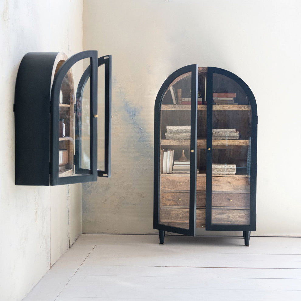 Arched Mango Wood Cabinet With 3 Shelves and 6 Drawers, Black and Natural
