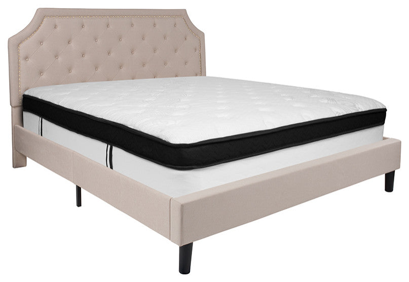 King Size Tufted Platform Bed in Beige Fabric with Memory Foam Mattress