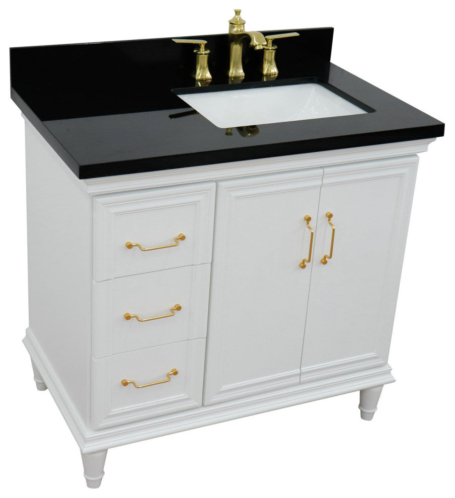 37" Single Vanity, White Finish With Black Galaxy