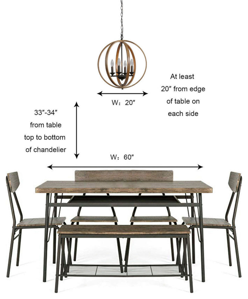 LNC Farmhouse Amtique Globe Brown Wood Chandelier for Kitchen Island, 4 Lights