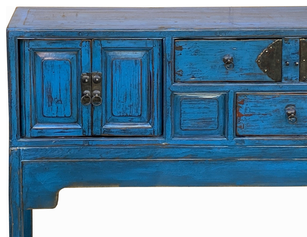 Vintage Chinese Distressed Bright Blue Drawers Foyer Narrow Side Table Hcs7743