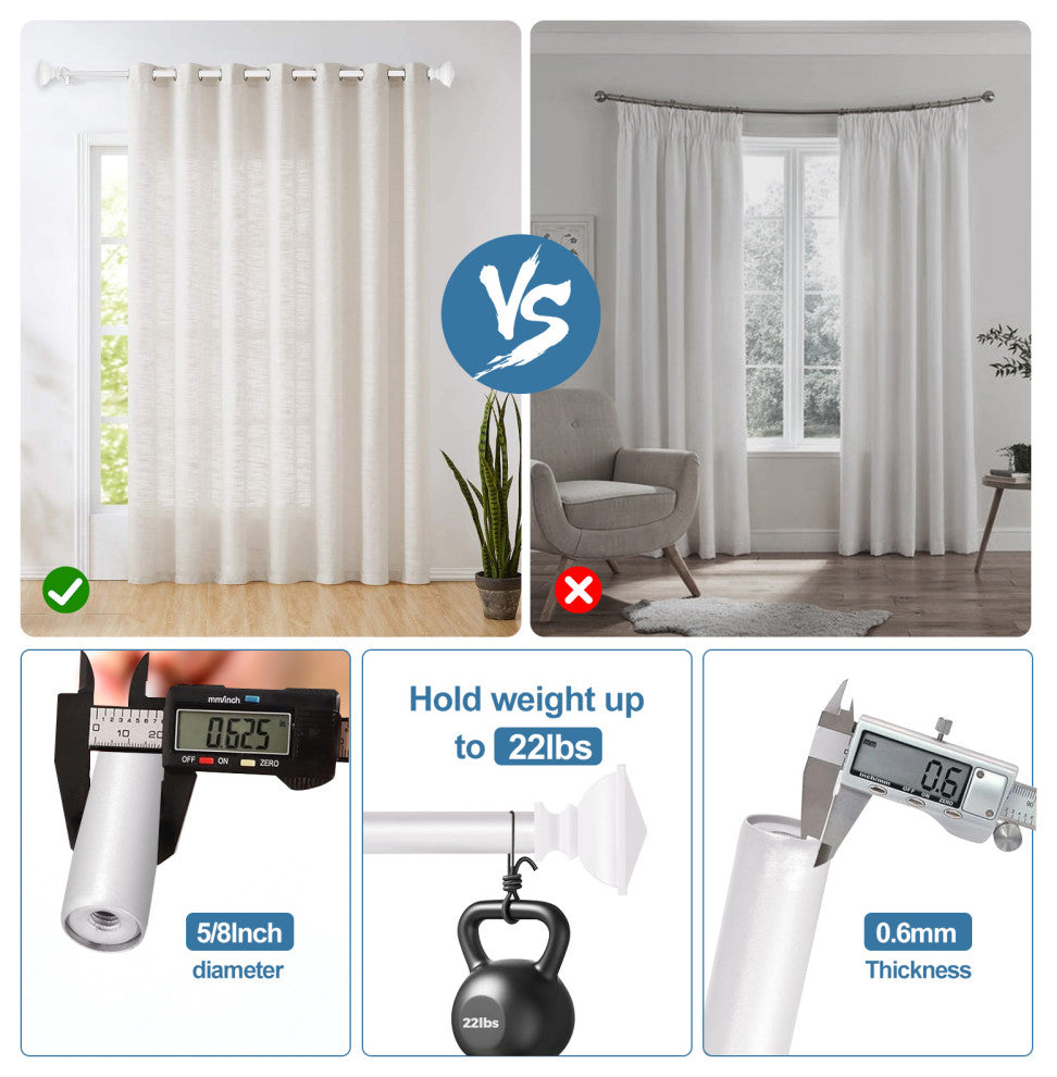 Square Urn Adjustable Double Curtain Rod Set, 5/8", White, 48"-84"