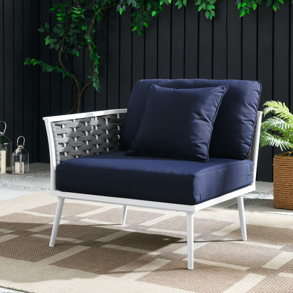 Lounge Chair, Navy White, Aluminum, Modern, Outdoor Patio Bistro Hospitality