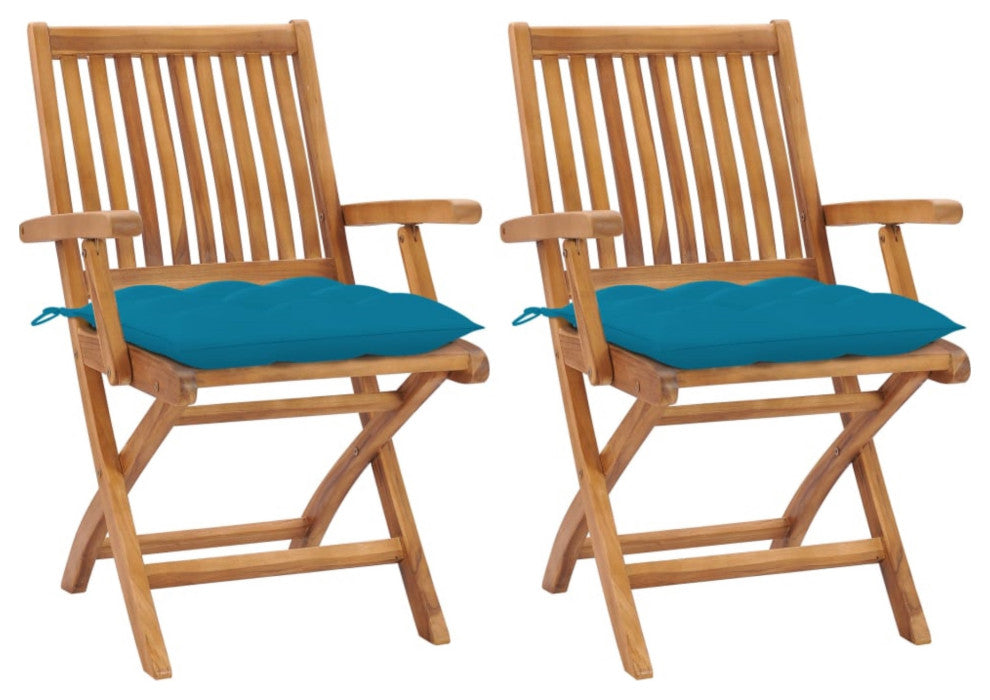 Vidaxl Garden Chairs, Set of 2, With Light Blue Cushions Solid Teak Wood