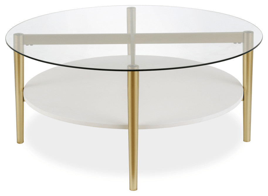 36" Gold Glass And Steel Round Coffee Table With Shelf