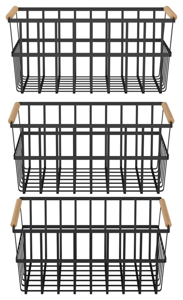 Oceanstar Metal Wire Organizer Bin Basket with Card Holder, Set of 3, Black
