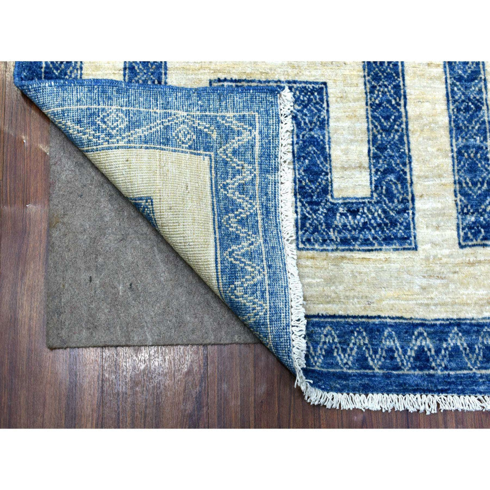 Soft and Pliable Wool Hand Knotted Denim Blue Maze Design Rug, 5'10" x 8'9"