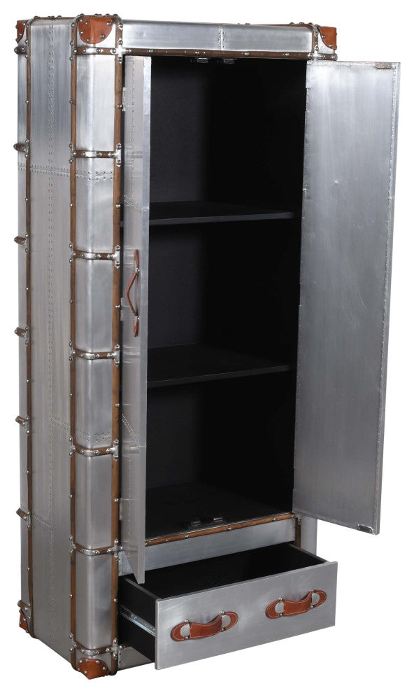 Pilot Tall Cabinet in Silver Aluminum Cladding and Leather Accents