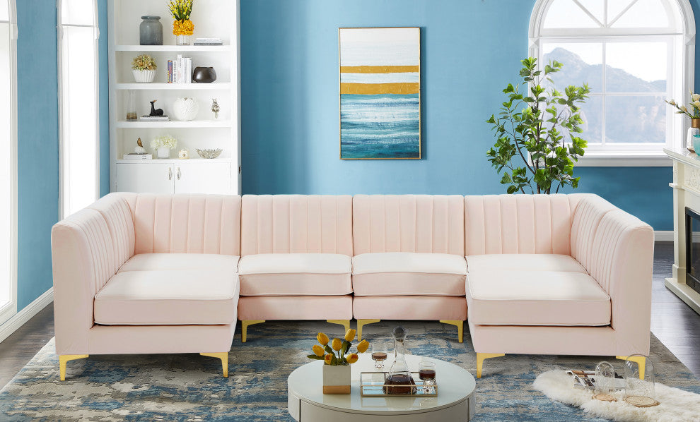 Alina Velvet Modular U-Shaped Sectional, Pink, 6-Piece: 4 Armless Chair, 2 Corner Chair