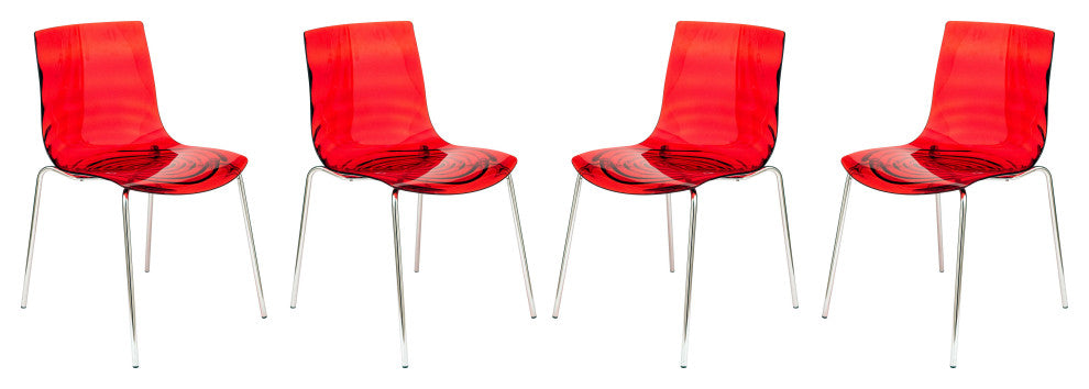 LeisureMod Modern Astor Plastic Dining Chair, Set of 4 Transparent Red