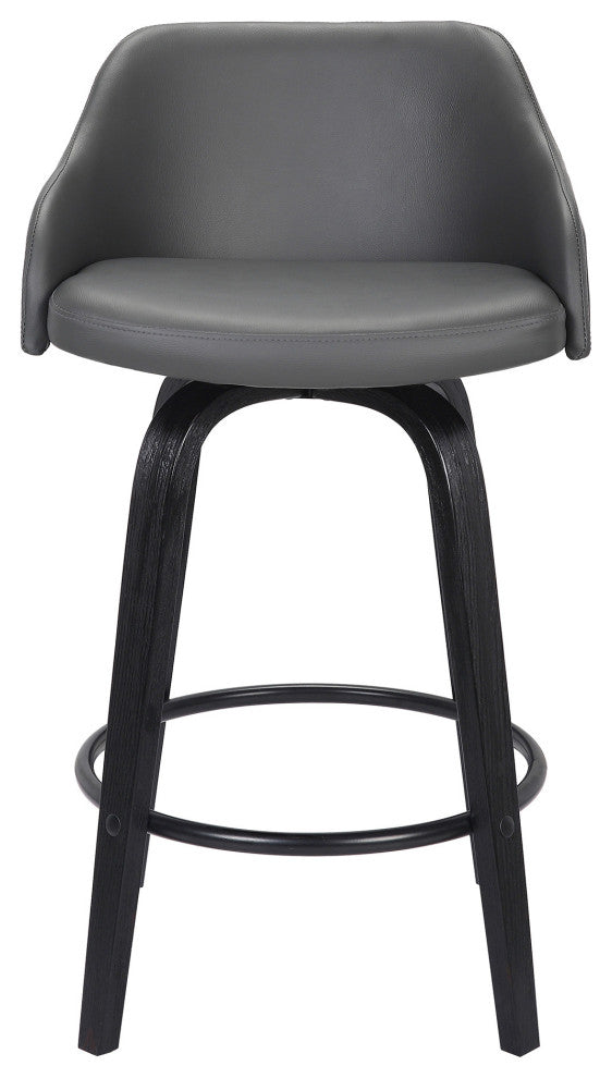 26" Gray Swivel Faux Leather Black Wooden Bar Stool