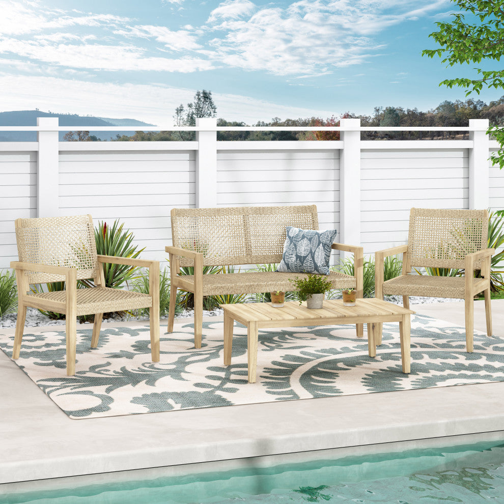 Elmcrest Outdoor Wicker and Acacia Wood 4 Seater Chat Set