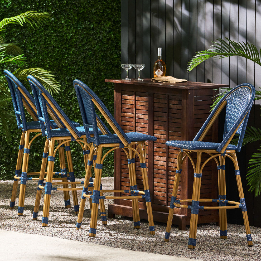 Cotterell Outdoor French Wicker and Aluminum 29.5" Barstools, Set of 4, Navy Blue/Bamboo Finish