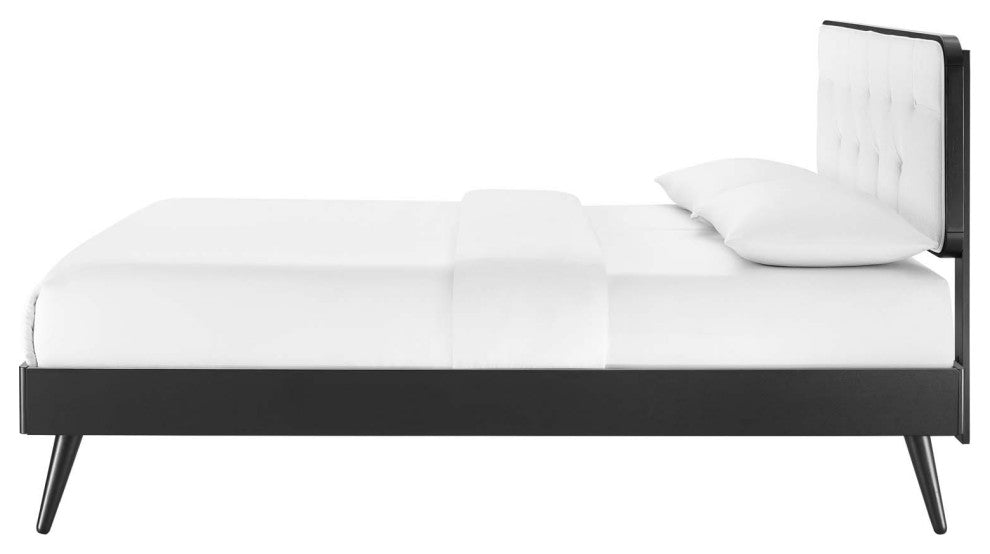 Platform Bed Frame, Queen Size, Fabric, Wood, Black White, Modern Mid-Century