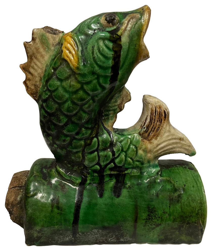 Consigned Early 20th Century Antique Chinese Glazed Ceramic Koi Fish Roof Tile