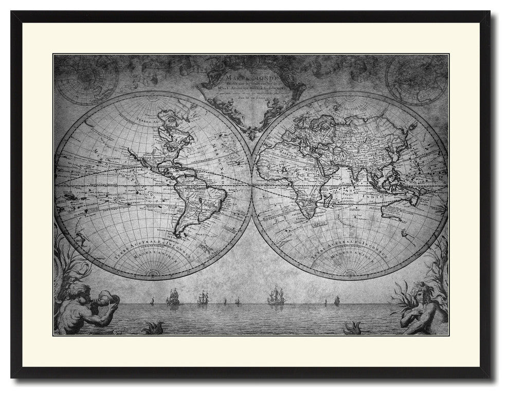 Vintage World Vintage Map Print On Canvas With Black Custom Frame, 28" X 37"