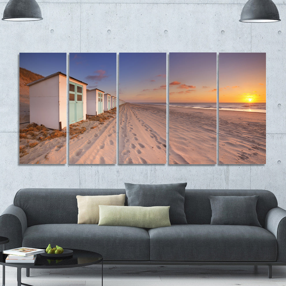 Row of Beach Huts at Sunset, Modern Landscape Canvas Art, 60"x28", 5 Panels
